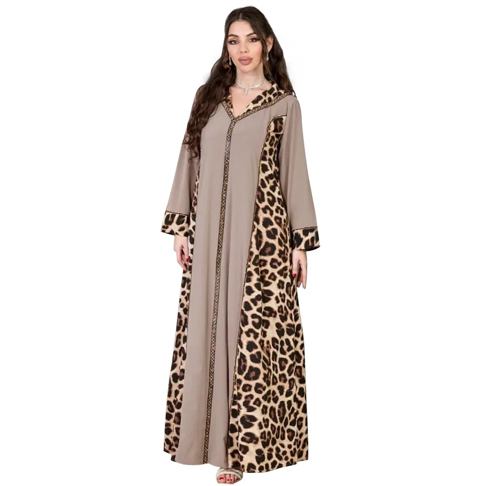 Elegantes arabisches Frauen-Partykleid, afrikanischer V-Ausschnitt, Leopardenmuster, langärmelig, Abaya, modische muslimische Dame, Urlaubskleid, islamische Kleidung