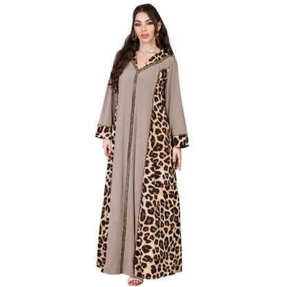 Elegantes arabisches Frauen-Partykleid, afrikanischer V-Ausschnitt, Leopardenmuster, langärmelig, Abaya, modische muslimische Dame, Urlaubskleid, islamische Kleidung