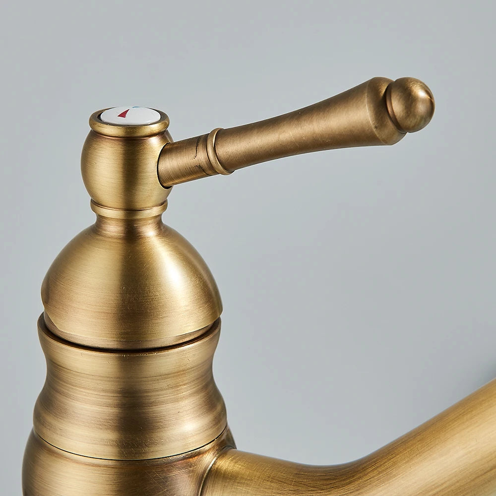 Antique Brass Basin Vessel Sink Faucet Deck Mounted One Hole Cold Hot Water Cold Hot Mixer Tap Bathroom Faucet