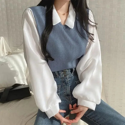 Summer Blouse Women Korean Style False Two-piece Polo Collar Blouses Y2k Tops Streetwear Loose Youth Pullovers Elegant Shirt.