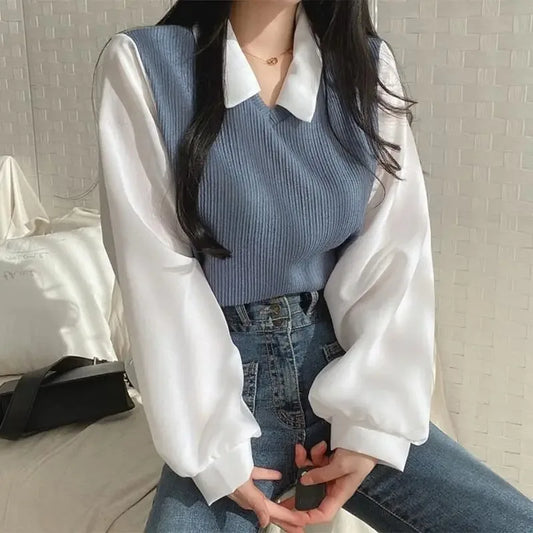 Summer Blouse Women Korean Style False Two-piece Polo Collar Blouses Y2k Tops Streetwear Loose Youth Pullovers Elegant Shirt.