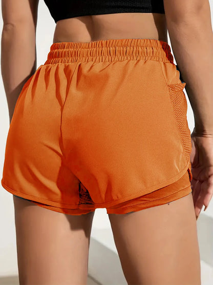 Women's Elastic Sports Shorts, Shorts With Pockets, Fake Two-Piece Yoga Leggings Running And Training