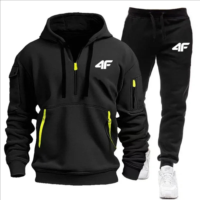 Autumn and winter casual jogging sportswear with zipper hood and multiple pockets, 2-piece set, large-sized S-3XL men's suit.