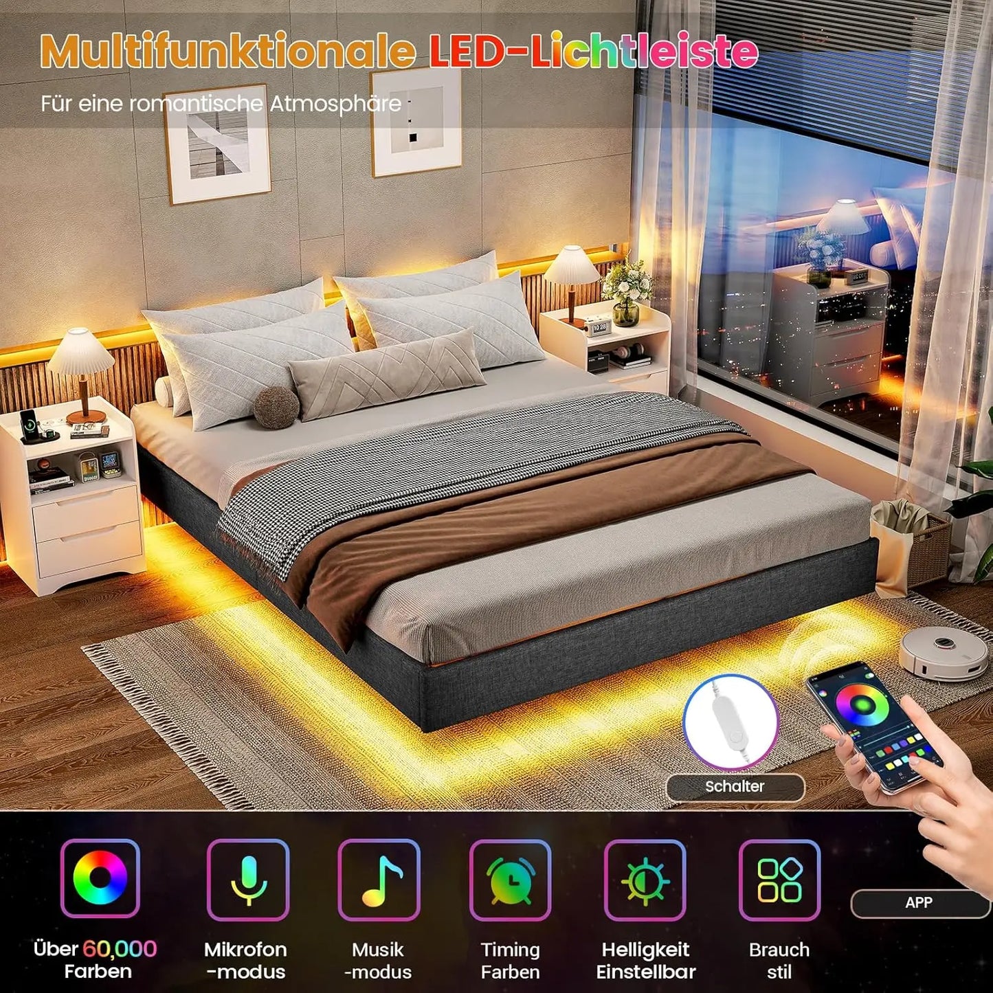 140 x 200 Lattenrost aus Holz mit LED-Beleuchtung, Plüsch, 140 x 200 cm, gepolstertes Bett, graues Leinen-Kopfteil, Schlafzimmermöbel