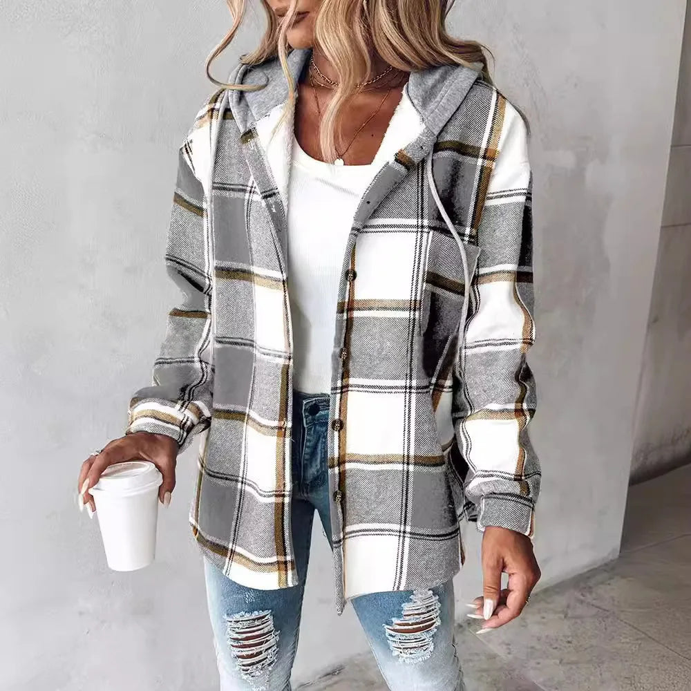 Neue Herbst und Winter frauen Plaid Jacke Mit Kapuze Mode Taste Strickjacke Top Tasche Casual Straße Vielseitige Jacke.