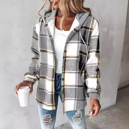 Neue Herbst und Winter frauen Plaid Jacke Mit Kapuze Mode Taste Strickjacke Top Tasche Casual Straße Vielseitige Jacke.