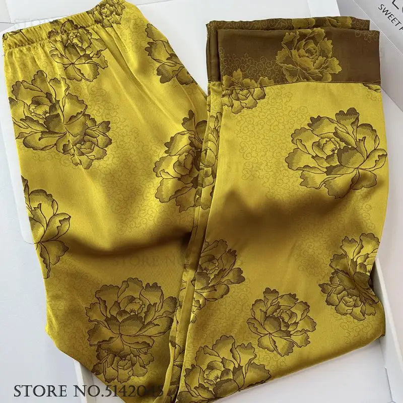 Chinese Style Print Flower 3PCS Pajamas Set Loungewear Summer New Women Sleepwear Short Sleeve Trouser Suit Silk Satin Homewear.