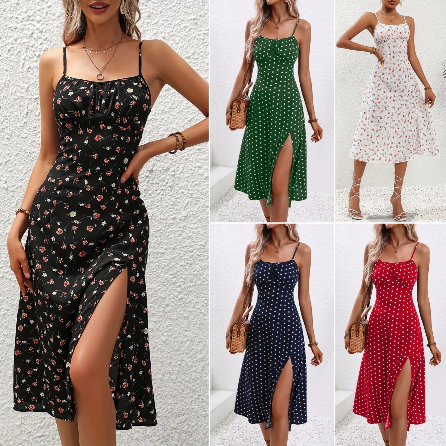 2024 sommer Sexy Spaghetti-trägern Kleid Frauen Mode Polka Dot Print Ärmelloses Schlitz Kleid Boho Casual Strand Midi Kleider.