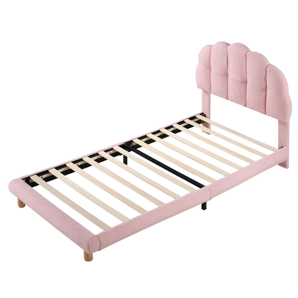 Modernes 90x200cm Einzelbett, Kinderbett, Jugendbett, Polsterbett, Holzgittergrill, Fleeceimitation, Weiß und Rosa