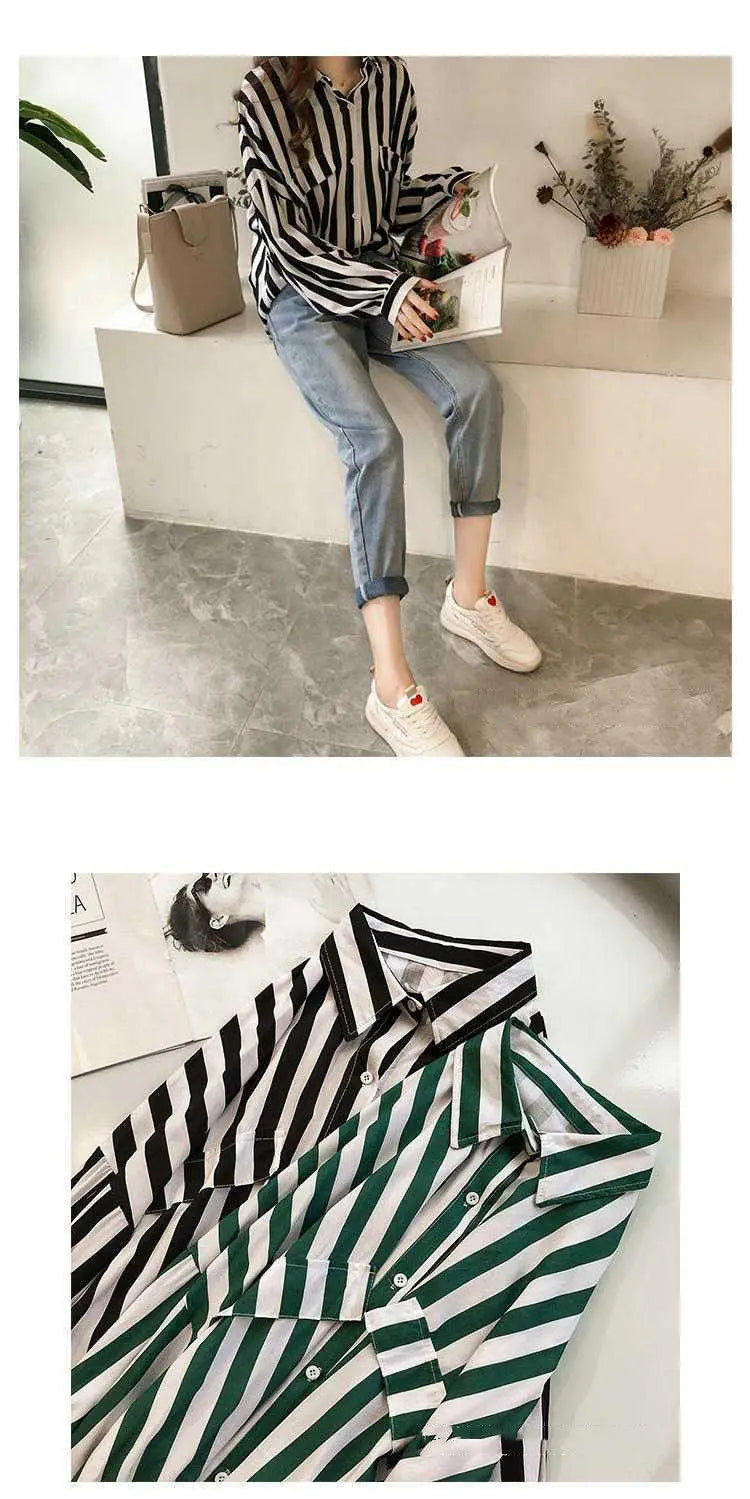 1pcs Woman Spring Autumn Stripe Shirts Lady Casual Long Sleeve Turn-down Collar Loose Shirt Female Chiffon Temperament Tops.