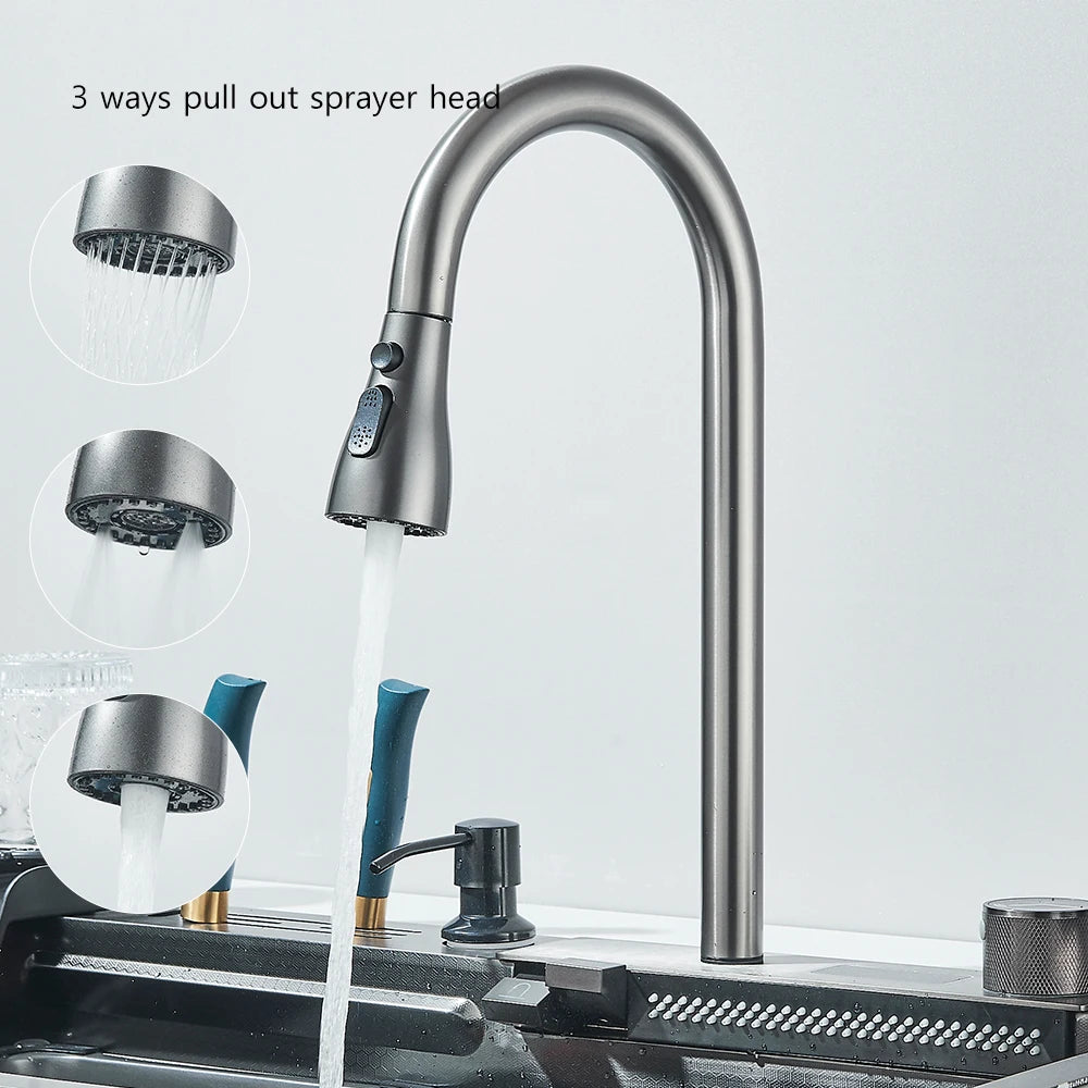 Wasserfall-Küchenspüle aus Edelstahl 304, großes Einzelschlitz-Wasserhahn-Set mit integrierter Digitalanzeige, Seifenspender, 75 x 45 cm