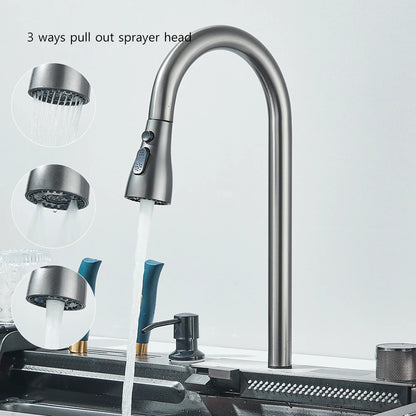 Wasserfall-Küchenspüle aus Edelstahl 304, großes Einzelschlitz-Wasserhahn-Set mit integrierter Digitalanzeige, Seifenspender, 75 x 45 cm