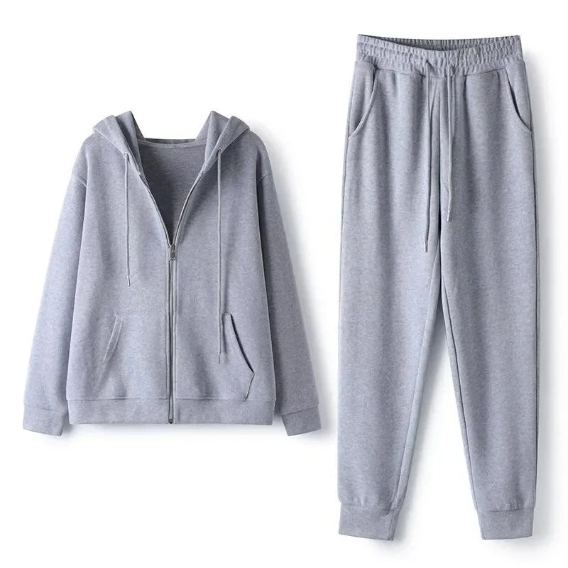 Pure Color Sportswear Set Hooded Open Cardigan Men's Women's Couple Sweatshirt Two-Piece Set for Autumn Winter Spring.