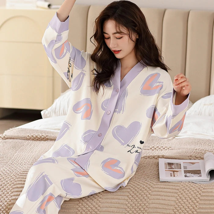 Herbst Winter Pyjamas Set für Frauen Kawaii Druck Nachtwäsche Anzug für Mädchen Mode Restlong Ärmel V-Ausschnitt Frau Pyjamas Set