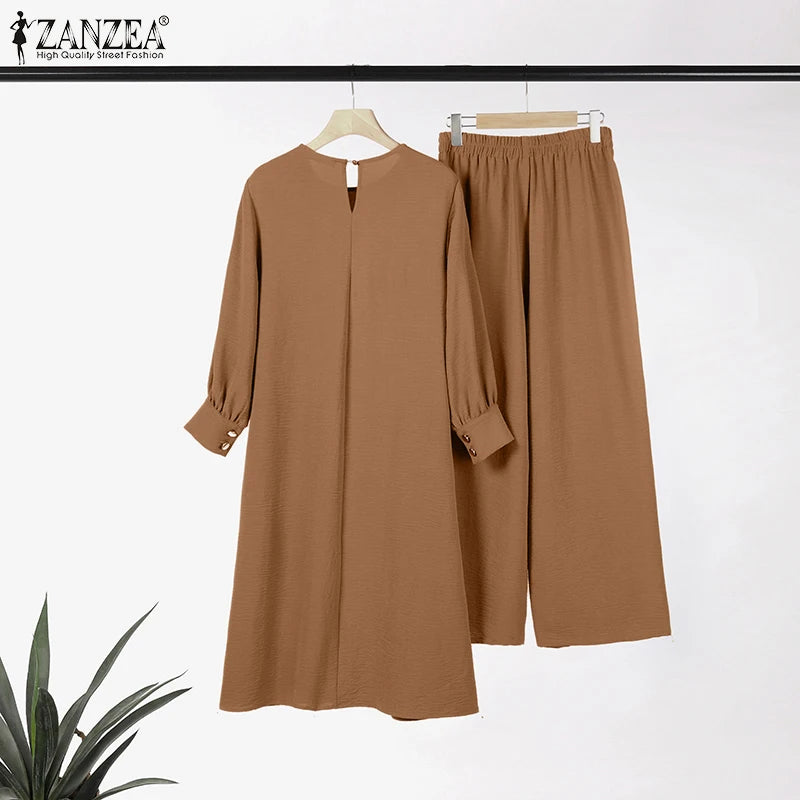 ZANZEA Muslim Abaya Suit Elegant Women Matching Sets Fashion Long Shirt Tops & Wide Leg Pants Ramadan Outfits Urban Tracksuits.