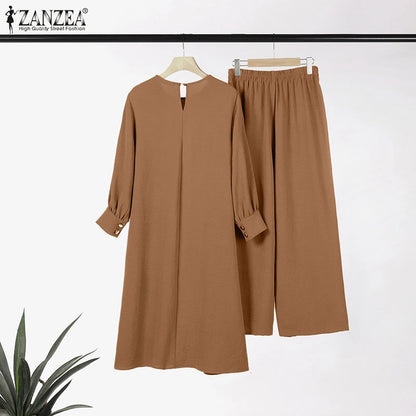 ZANZEA Muslim Abaya Suit Elegant Women Matching Sets Fashion Long Shirt Tops & Wide Leg Pants Ramadan Outfits Urban Tracksuits.