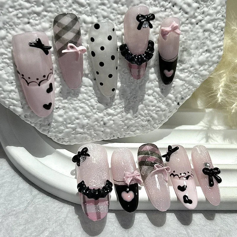 Black Pink Sweet French Almond Handmade Press On Nails Grid Polka Dot Love Skirt Ballet Fake Nails Princess Cute Bow Nail Art.