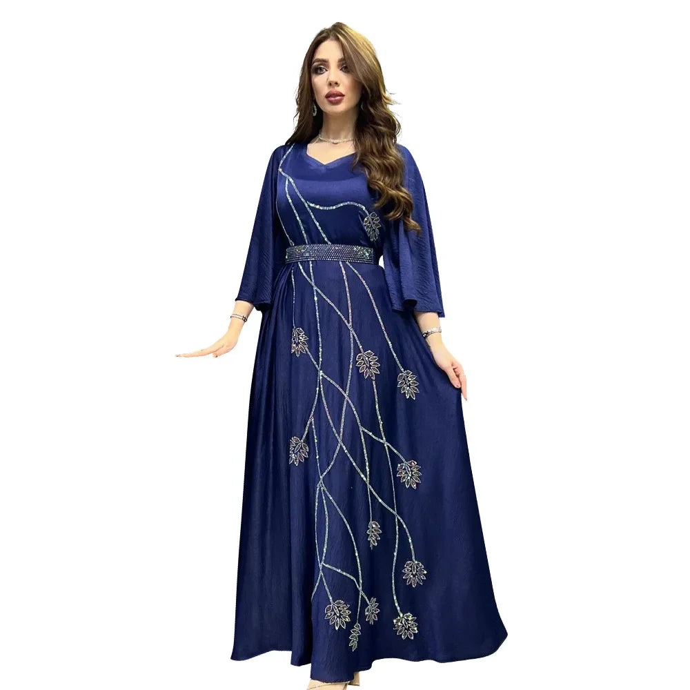 Eid Mubarak Djellaba Femme Diamanten Abaya Frauen Muslimischen Abend Party Kleid Dubai Türkei Kaftan Gürtel Jalabiya Islamische Robe Kleid