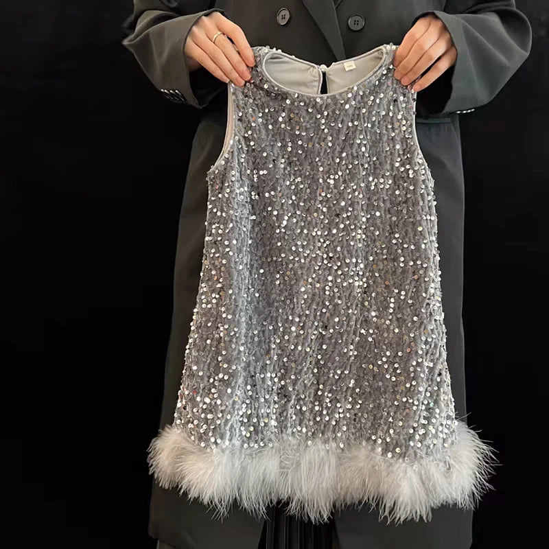 Pailletten Mädchen Prinzessin Kleid Grau Rundhals Ärmellose Feder Weste Kleid Kinder Geburtstag Party Kleid Performance Kleid.