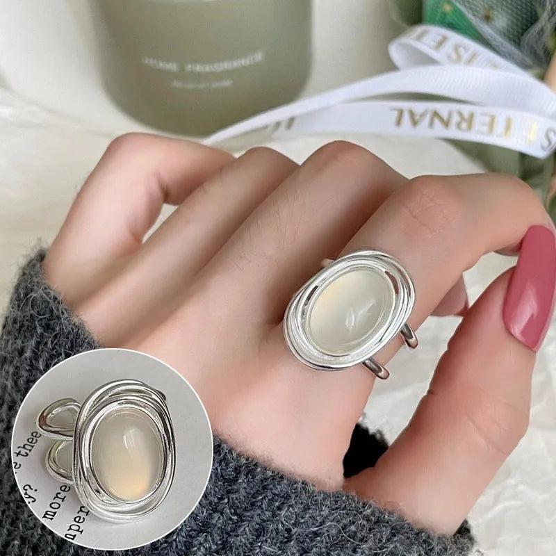 PANJBJ 925 Sterling Silver Geometry Crystal Ring For Women Ellipse Exaggerated Punk Water Drop Open Jewelry Gift Dropshipping