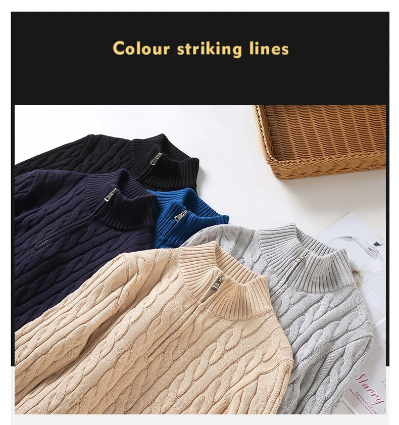 pure Cotton Sweaters Men's High Quality Autumn Cable Knit Christmas Sweater With Zipper Turtleneck Pullovers Zipper Pull Homme.