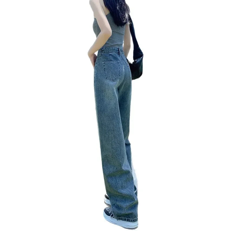 High Waist Straight Leg Jeans Women's Summer New 2025 Small Size Wide Leg Loose Drapey Slimming Floor-Length Pants.