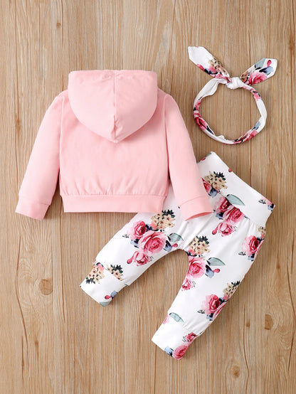 0-18 Months Toddler Baby Girl 3PCS Hooded Clothes Set Flowers Print Long Sleeve Top+Pant+Bowknot Headband Fashion Autumn Outfit.
