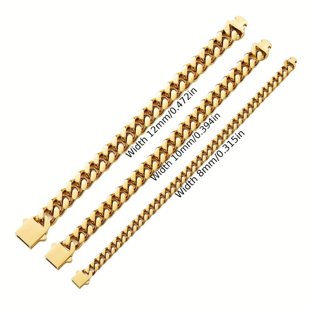 316 Stainless Steel Plated 18k Gold Fashion 8.10.12mm Encrypted Cuban Chain Miami Rap Hip Hop Men's Bracelet Accessory.