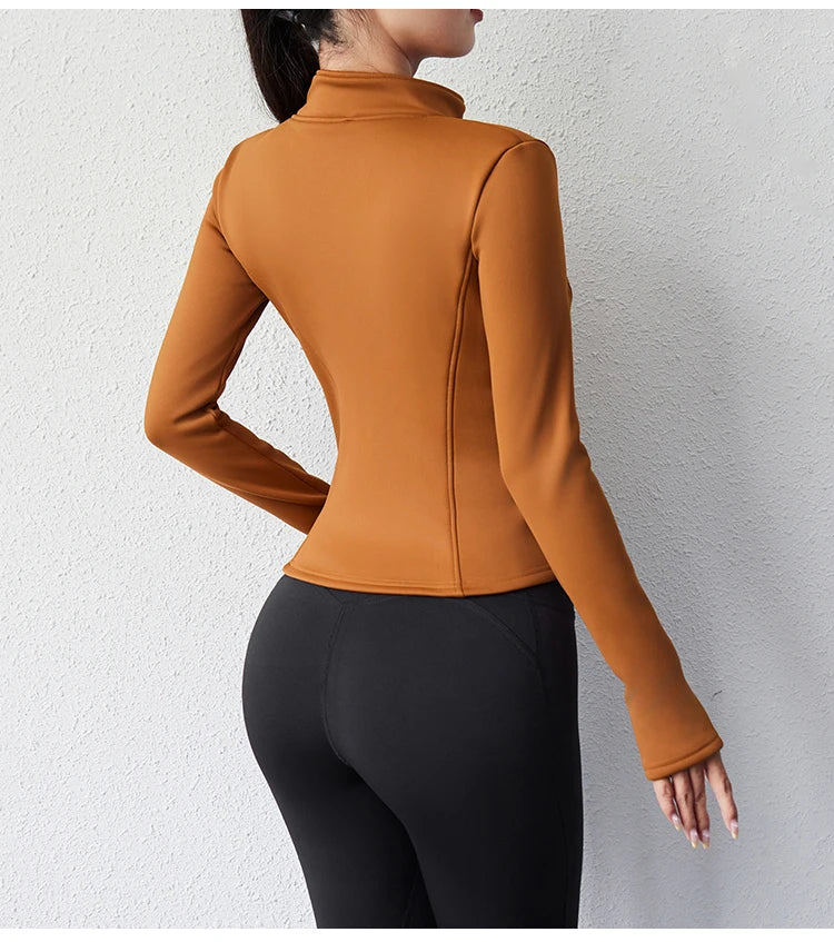 Damen Winter-Fleece-Yoga-Jacke mit durchgehendem Reißverschluss, langen Ärmeln, Workout, Activewear, Sport-Fleece-Yoga-Jacke mit Daumenloch.