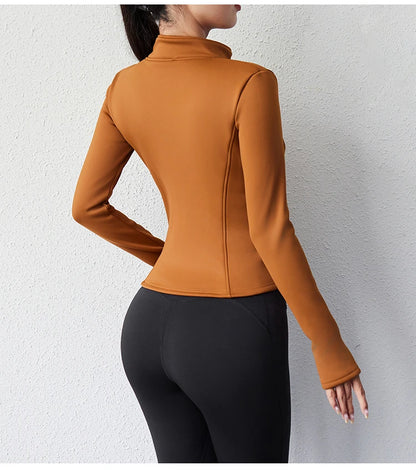Damen Winter-Fleece-Yoga-Jacke mit durchgehendem Reißverschluss, langen Ärmeln, Workout, Activewear, Sport-Fleece-Yoga-Jacke mit Daumenloch.