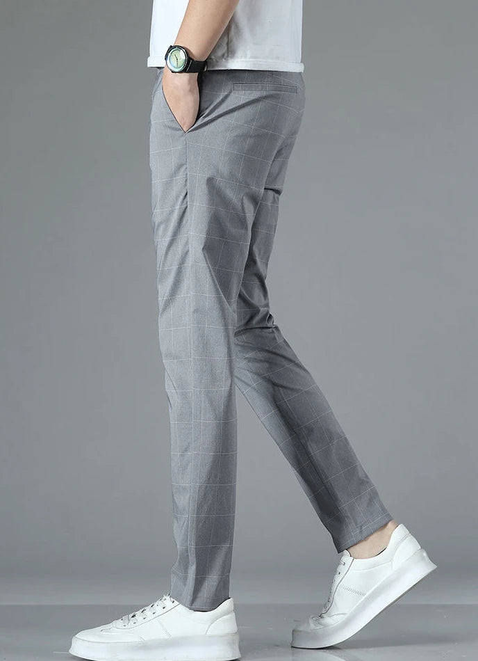 Male Suit Trousers Check Cooling Ice Silk Plaid Straight Up Clothes Offer Slacks Designer Men's Summer Pants Fabric 2025 Classic.