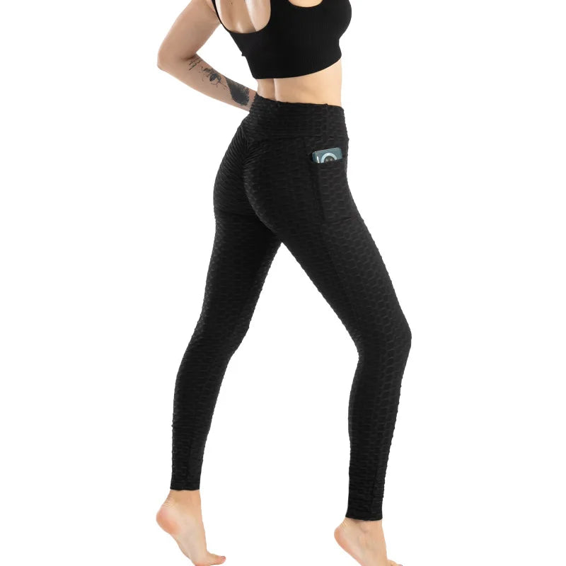 Women Fashion Pocket Bubble Pants Stretchy Slim Leggings Gym Running Cycling Fitness Pants High Waist Hip Lift Leggings Female.