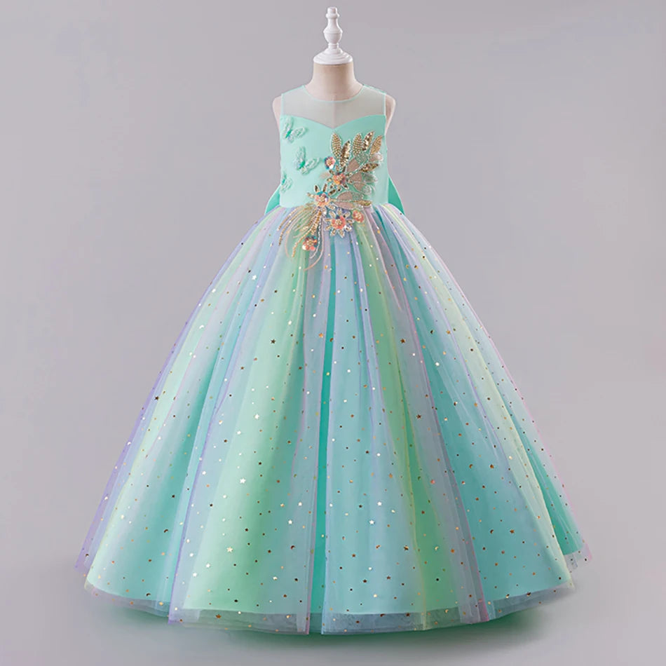 Elegantes, ärmelloses Tüll-Ballkleid für Kinder, Bühnenaufführungen, Hochzeiten, Weihnachten, Mädchenkleider, Mädchen-Prinzessin-Partykleider