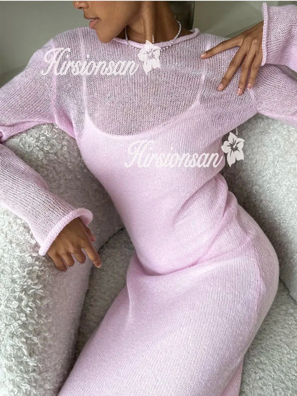 Hirsionsan Frühling Herbst Oansatz Elastische Stricken Lange Kleider Frauen 2024 Elegante Chic Weiche Dame Aushöhlung Pullover Kleider Femme Neue.