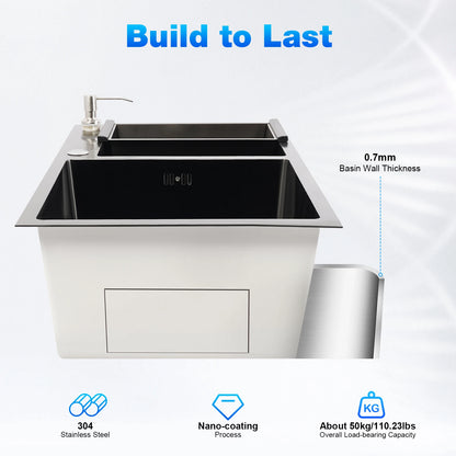 Doppelschüssel-Küchenspüle mit Seifenspender, Abflusskorb, Rohre, Edelstahl 304, 78 x 43 x 22 cm, zusätzliche Aufbewahrung für Restaurants