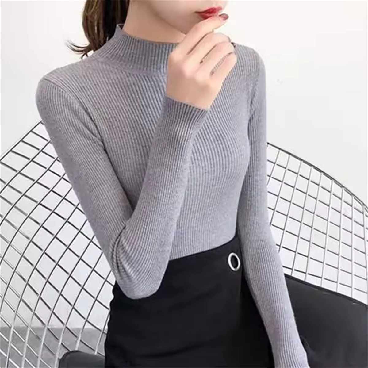 Mode Mock Neck Gestrickte Pullover Frauen Herbst Winter Neue Feste Vintage Grundlegende Tops Koreanische Dünne Rippen Pullover Casual Innere Top