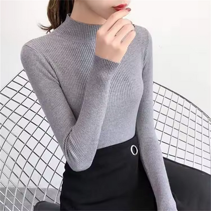 Mode Mock Neck Gestrickte Pullover Frauen Herbst Winter Neue Feste Vintage Grundlegende Tops Koreanische Dünne Rippen Pullover Casual Innere Top