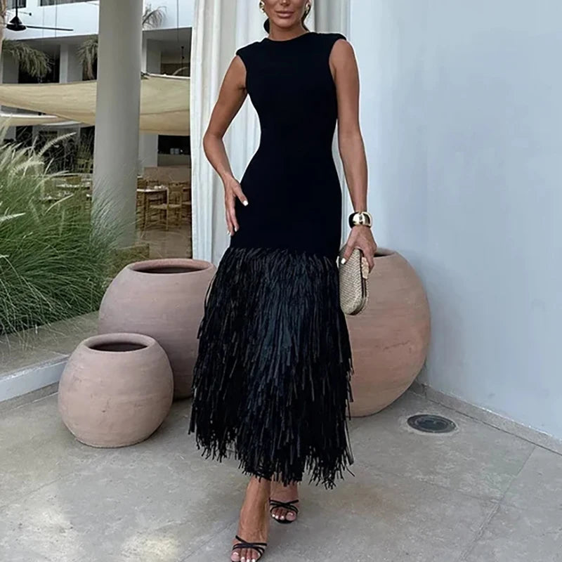 Fashion Solid Patchwork Quaste Verstärktes Stricken Midi Kleid Frauen Backless Ärmel Schulter Pad Schlank Roben Dame Chic Party Kleider.