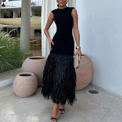 Fashion Solid Patchwork Quaste Verstärktes Stricken Midi Kleid Frauen Backless Ärmel Schulter Pad Schlank Roben Dame Chic Party Kleider.