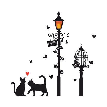 Cartoon Street Lamp Cat Wall Sticker Living Room Entrance Background Home Decoration Bedroom Decor Decal Self Adhesive Wallpaper.