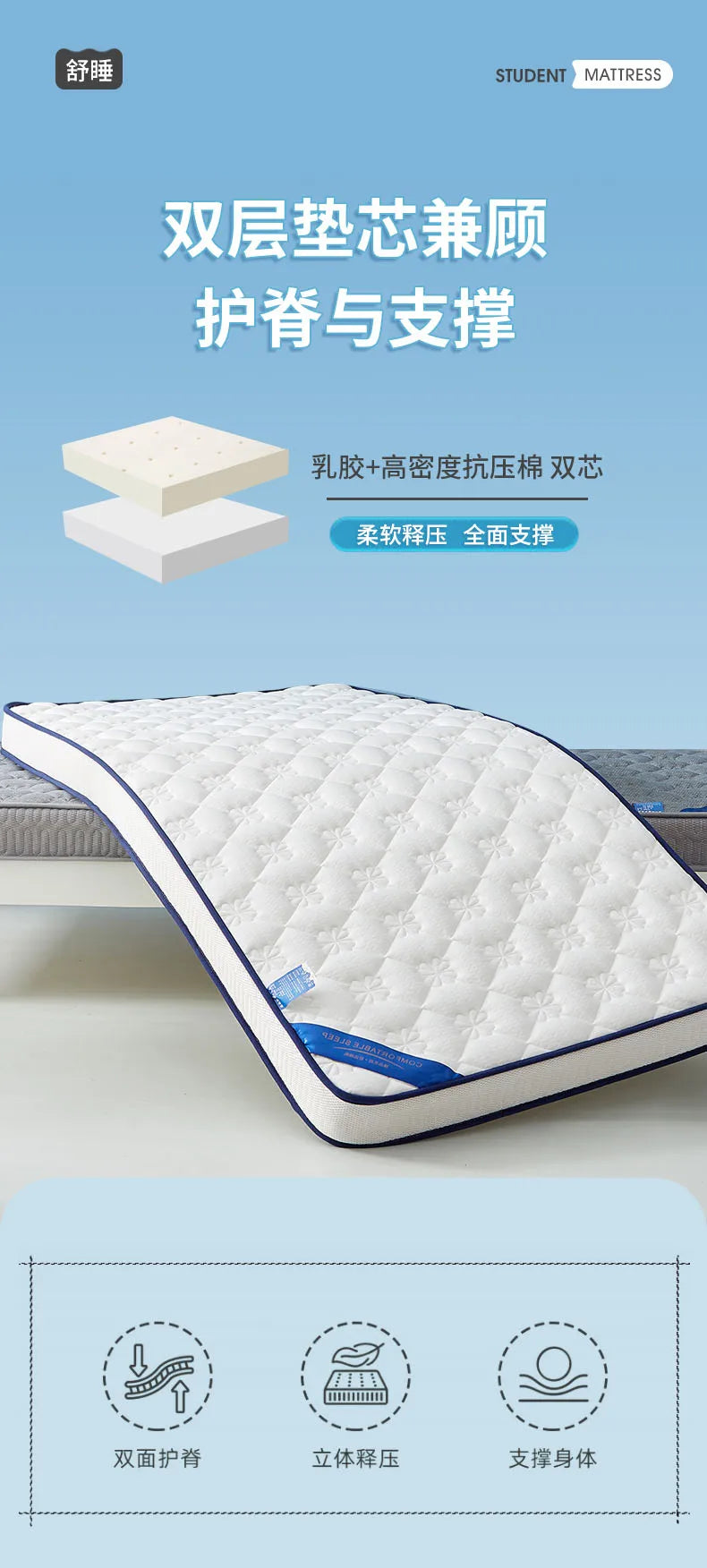 Latexmatratze für Studentenwohnheime, Einzelkissen, 90 x 190 cm, Universitäts-Etagenbettvermietung, spezielles 1,2 m langes Kissen