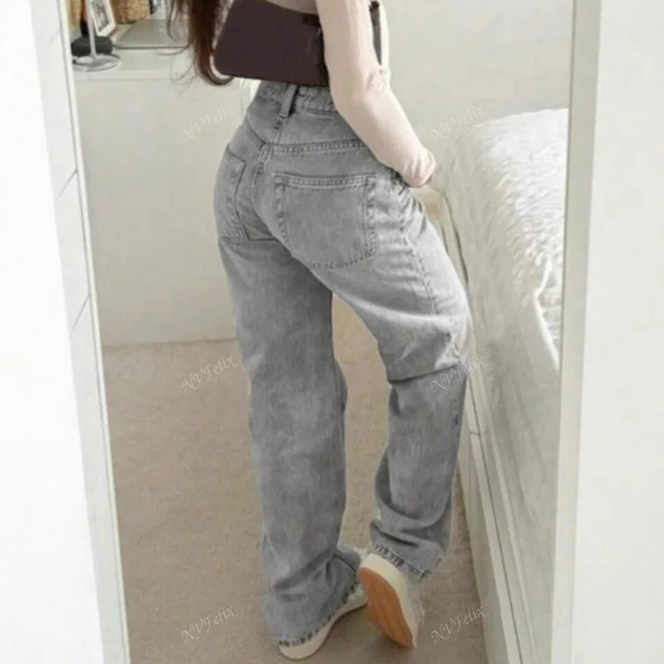 Jeans Women Straight Pants Denims Washed High Waist Distressed Pockets Female 2025 Streetwear Vintage Full Length Trousers.