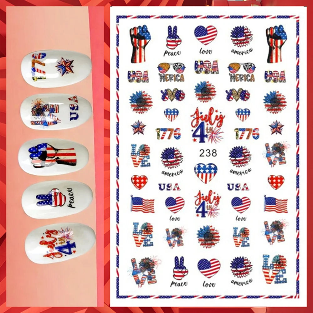 8Pcs/Set 3D USA Independence Day Nail Stickers America Flags Design Self-Adhesive Nail Art Decals DIY Manicure Decor Sliders &#.