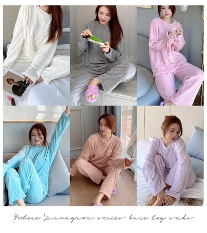 Verdickte warme Nachtwäsche für den Winter, Korallensamt, lockerer Loungewear-Pyjama mit weitem Bein, 2-teiliges Set, gestreifte Damen-Nachtwäsche.