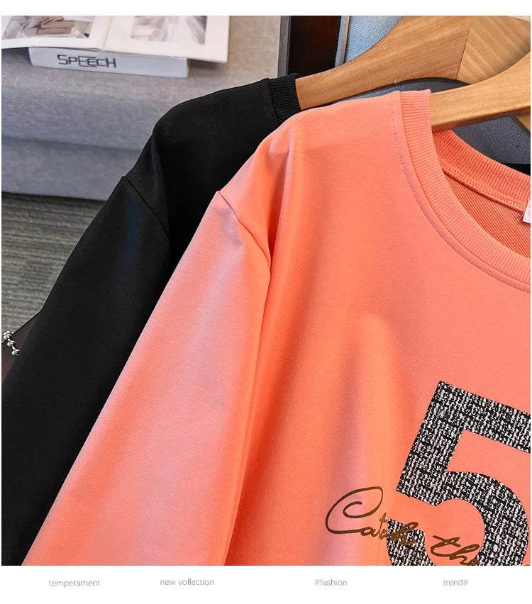 175kg plus size Damen büste Frühling Herbst loser Rundhals ausschnitt bedrucktes Langarm-Sweatshirt schwarz orange 5xl 6xl 7xl 8xl 9xl.