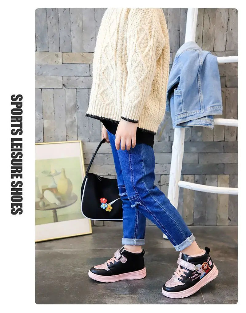 Disney Children Winter Ankle Snow Boots Cartoon Princess Elsa Frozen Pink Casual Shoes For Girls Warm Outdoor Shoes Size 26-37.