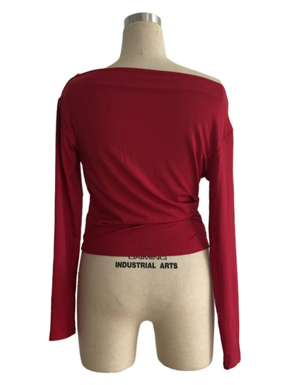 Phantasy New Solid Color Top Fashion Slant Shoulder Collar Shoulder Slimming Long Sleeve Commuter Top Vestido Elegant Tops.