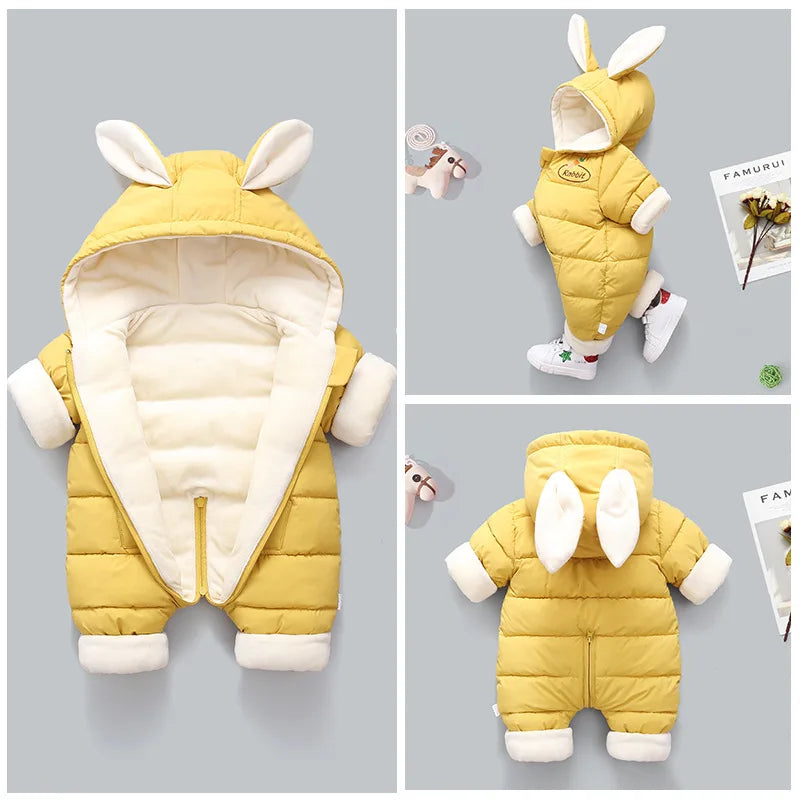 Winter Neue Baby Strampler Jungen Mädchen Patchwork Dicke Plus Samt Overalls Winddicht Mit Kapuze Overalls Schneeanzug Ein Stück Body.