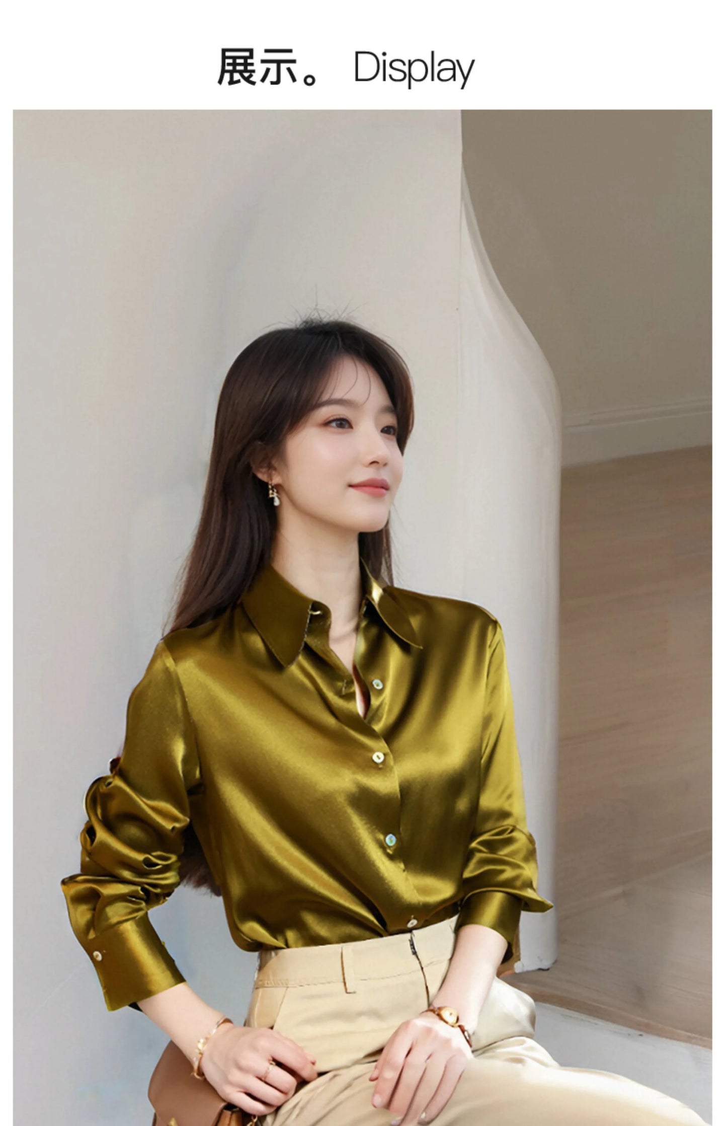 High Quality Silkly Satin Women's Shirt Office Ladies Long Sleeve Blouses Polo Neck Gold shirt Button Luxury Casual women tops.