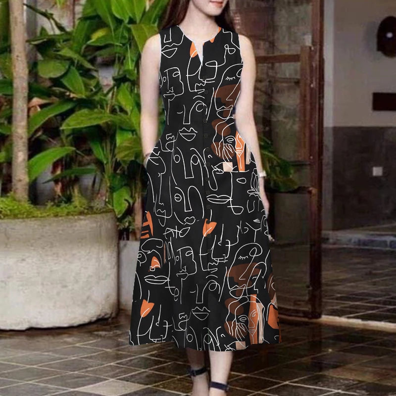 ZANZEA Elegante Damen-Midikleider, Sommer, ärmellos, Party-Sommerkleid, stilvoll, V-Ausschnitt, Urlaub, Arbeit, Vestidos, bedruckt, A-Linien-Kleid.